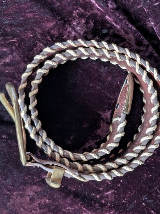 Vintage Brass and Leather Belt with Rope Edge - handsome & thick - 32\